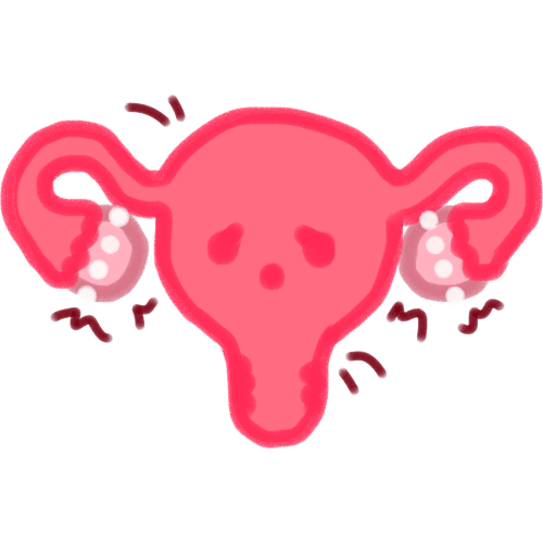  a pink uterus with upset eyes, there’s 4 white cysts on each ovary and red squiggles and lines around the uterus to indicate pain